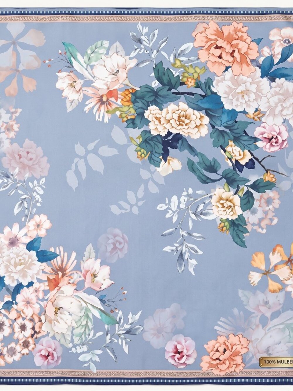 Lumière East Silk Scarf – Blue Peony | 100% Mulberry Silk 70x70cm